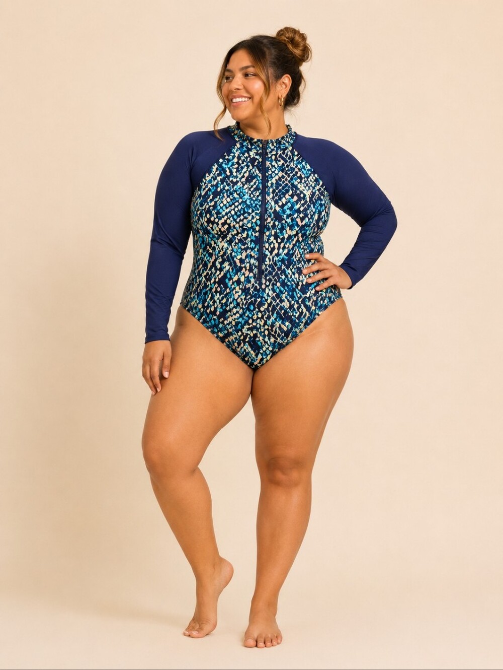 Long-Sleeve Navy Blue Floral Zip-Front One-Piece Swimsuit